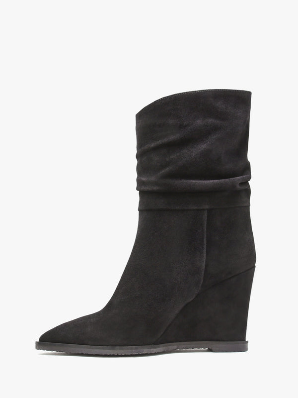 Tully Black Suede Rouched Wedge Calf Boots