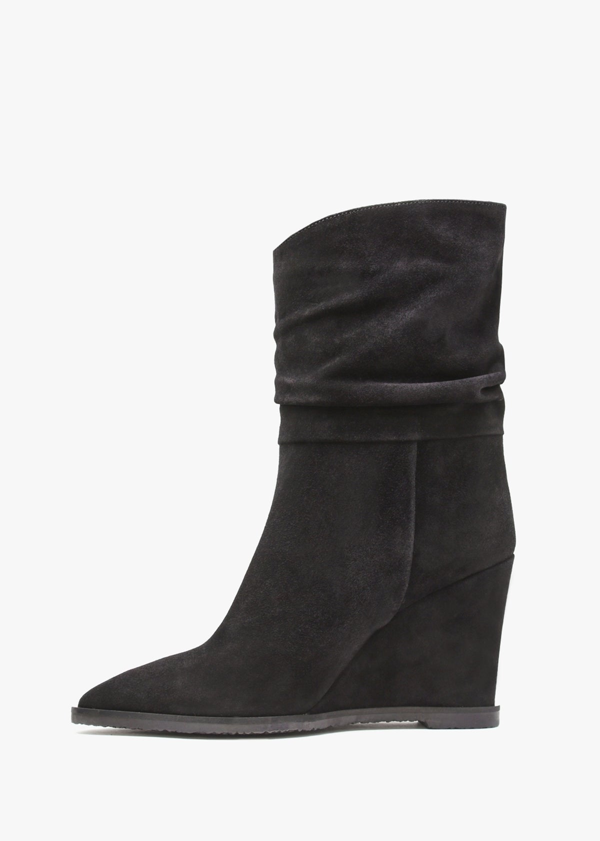 Tully Black Suede Rouched Wedge Calf Boots