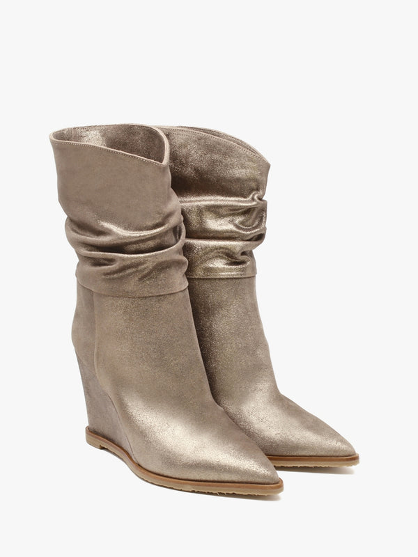 Tully Metallic Taupe Suede Rouched Wedge Calf Boots