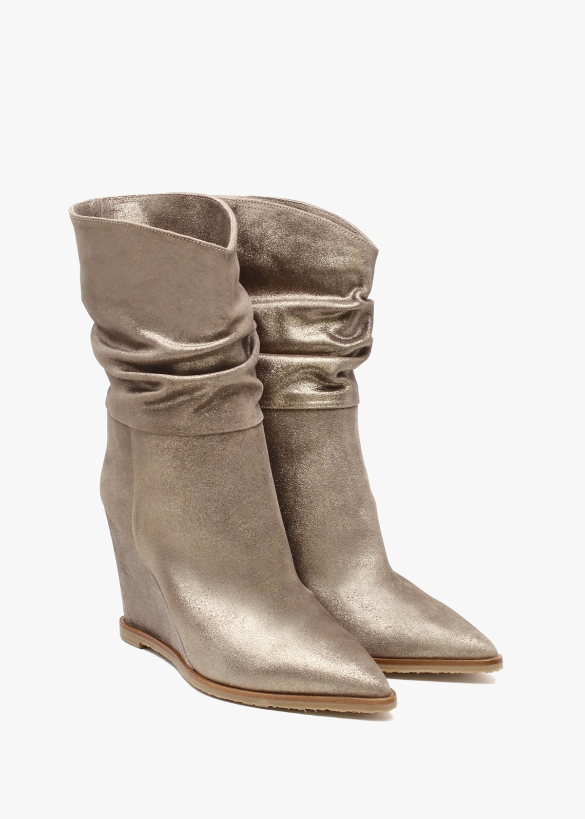 Tully Metallic Taupe Suede Rouched Wedge Calf Boots
