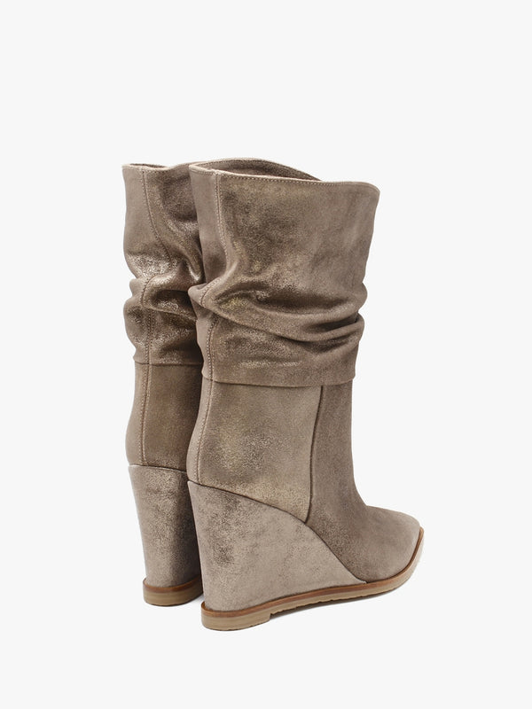 Tully Metallic Taupe Suede Rouched Wedge Calf Boots