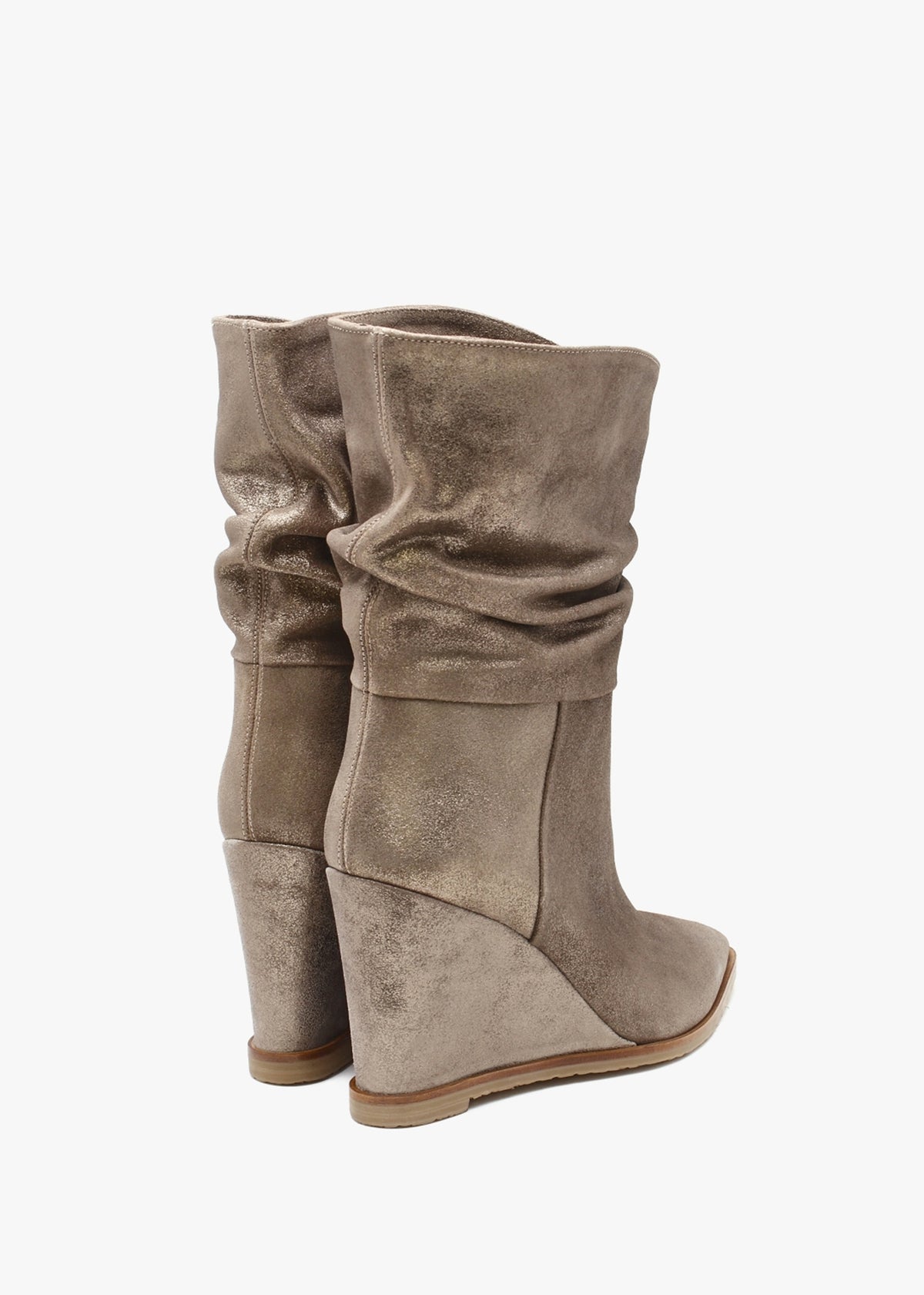 Tully Metallic Taupe Suede Rouched Wedge Calf Boots