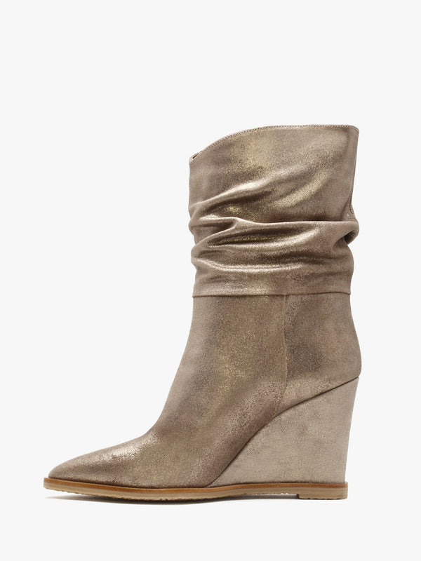 Tully Metallic Taupe Suede Rouched Wedge Calf Boots