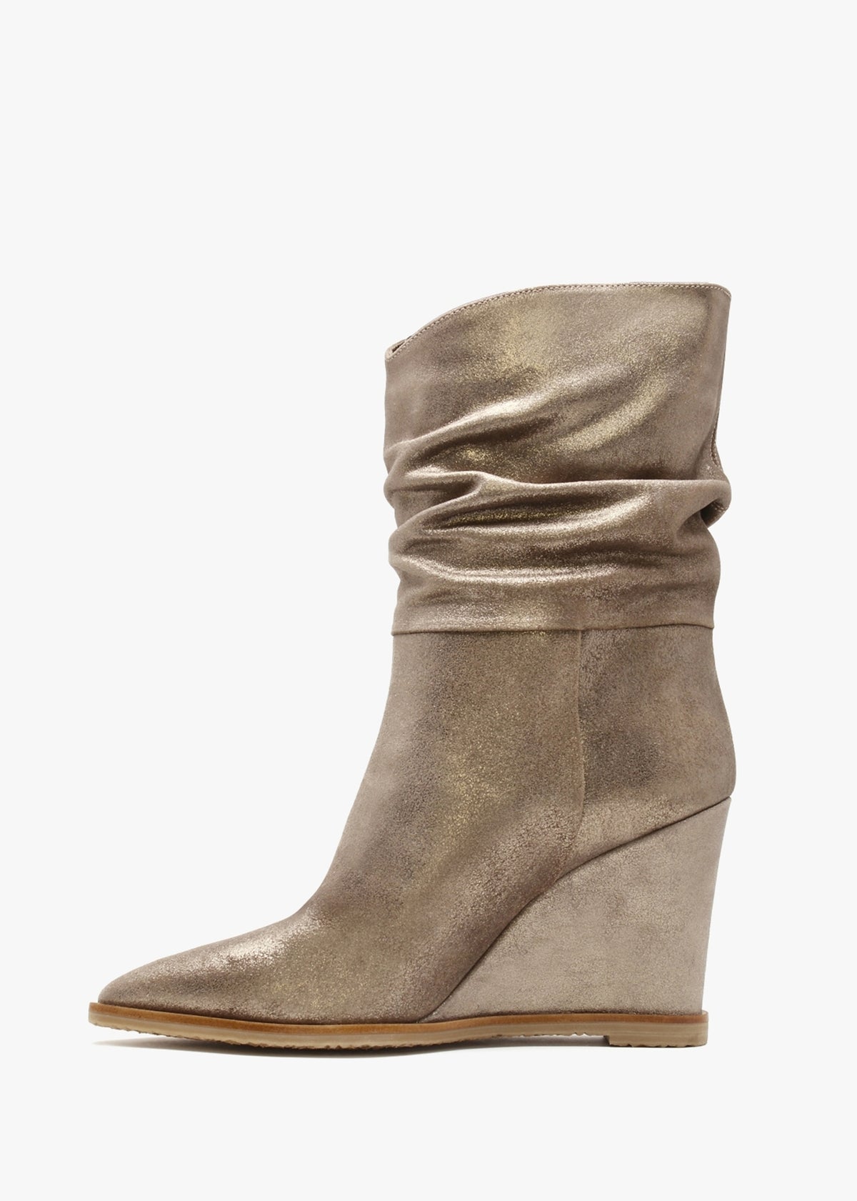 Tully Metallic Taupe Suede Rouched Wedge Calf Boots
