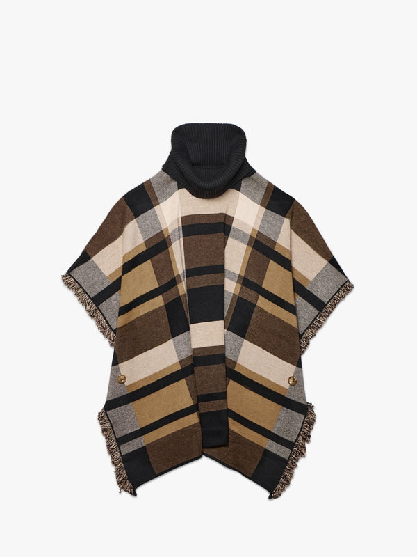 Black & Brown Knitted Checked Fringe Poncho