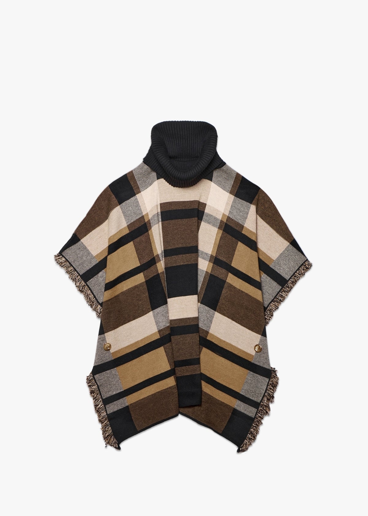 Black & Brown Knitted Checked Fringe Poncho