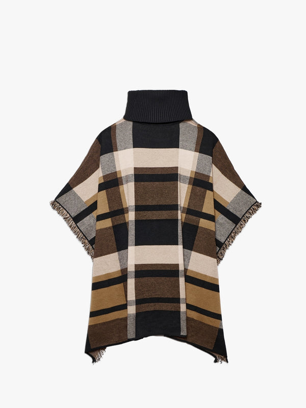 Black & Brown Knitted Checked Fringe Poncho