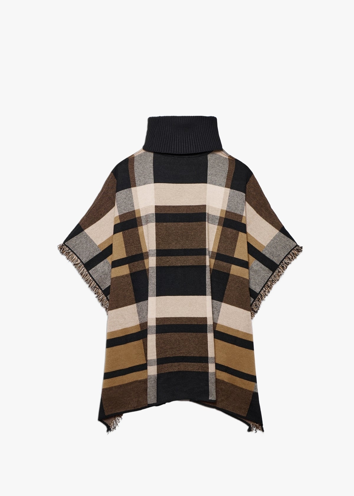 Black & Brown Knitted Checked Fringe Poncho