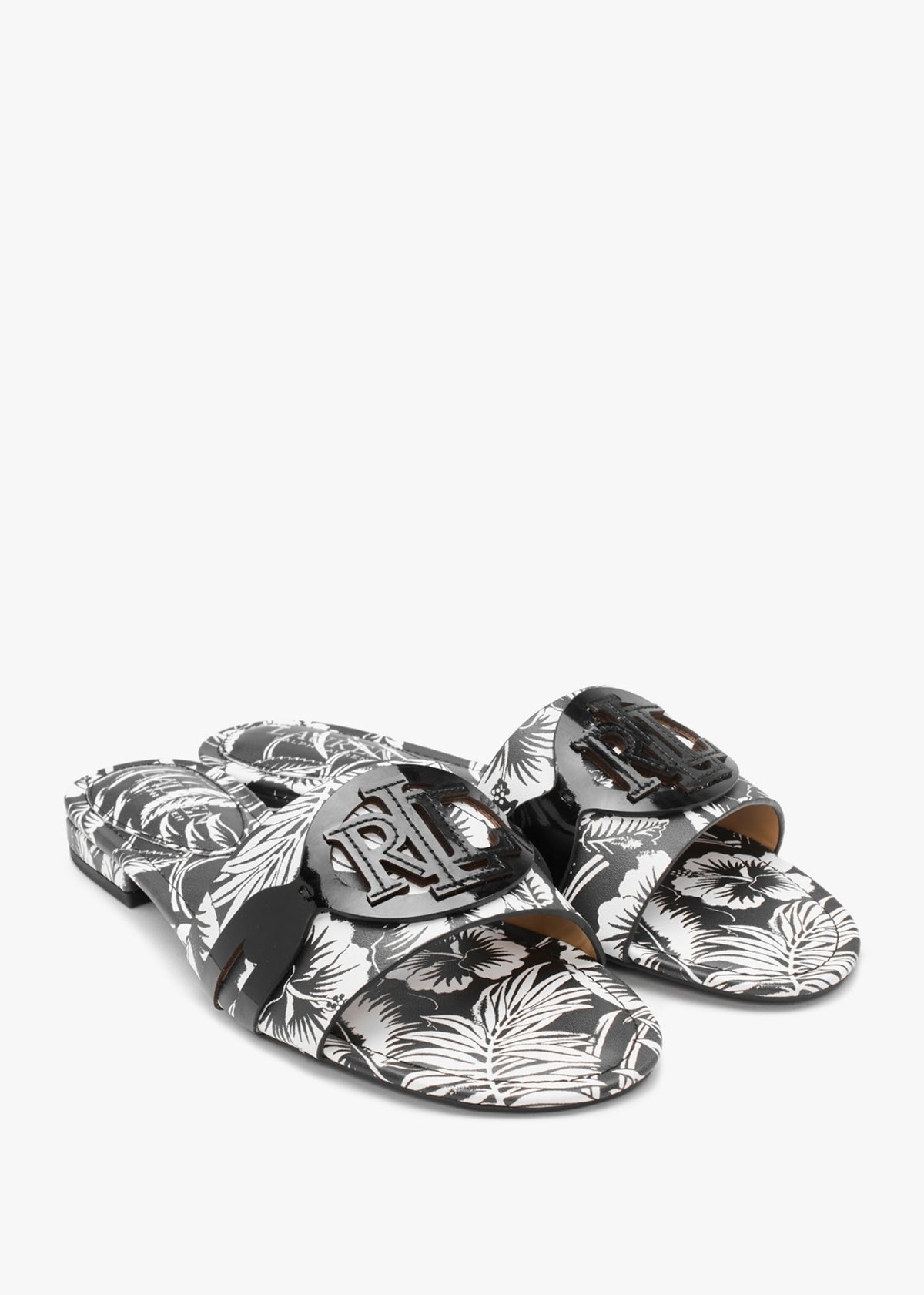 Alegra Floral Black Leather Logo Mules