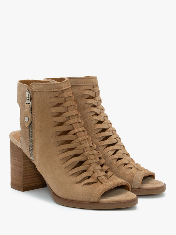 Polenta Camel Suede Lattice Backless Heeled Sandals