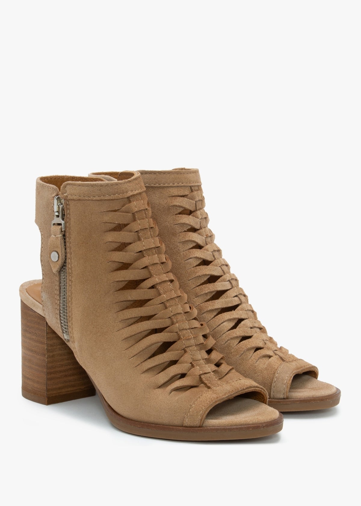 Polenta Camel Suede Lattice Backless Heeled Sandals