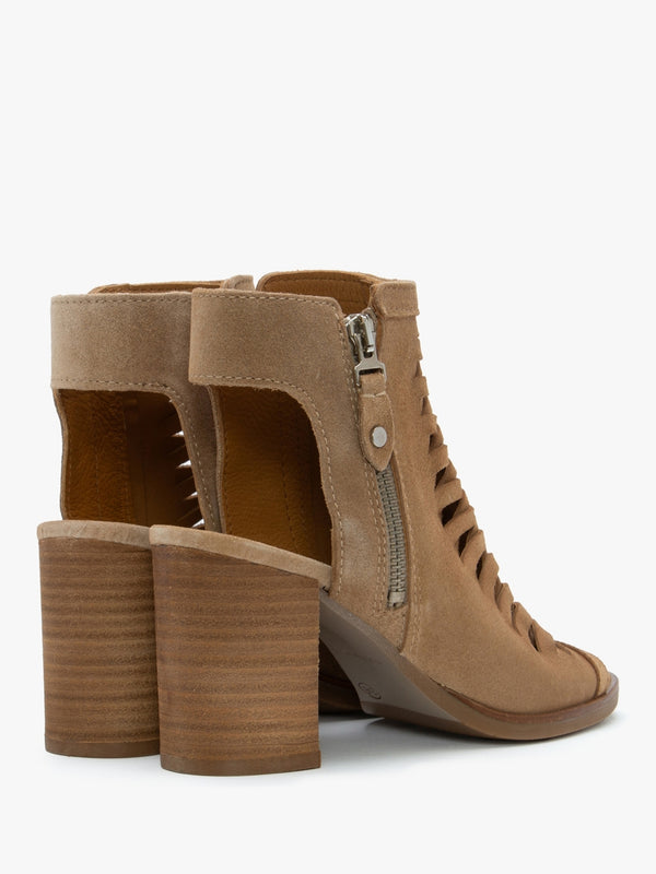 Polenta Camel Suede Lattice Backless Heeled Sandals