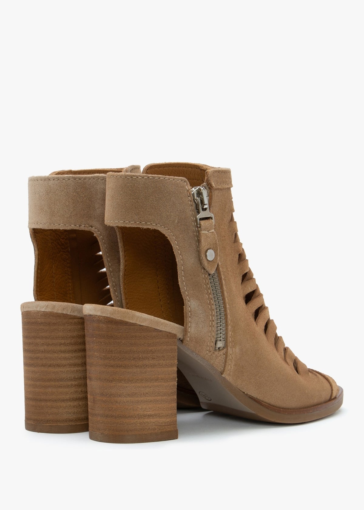 Polenta Camel Suede Lattice Backless Heeled Sandals