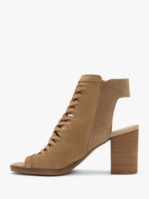 Polenta Camel Suede Lattice Backless Heeled Sandals