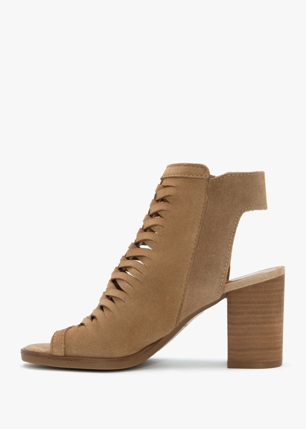 Polenta Camel Suede Lattice Backless Heeled Sandals