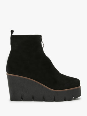 Hamal Black Suede Zip Front Wedge Ankle Boots