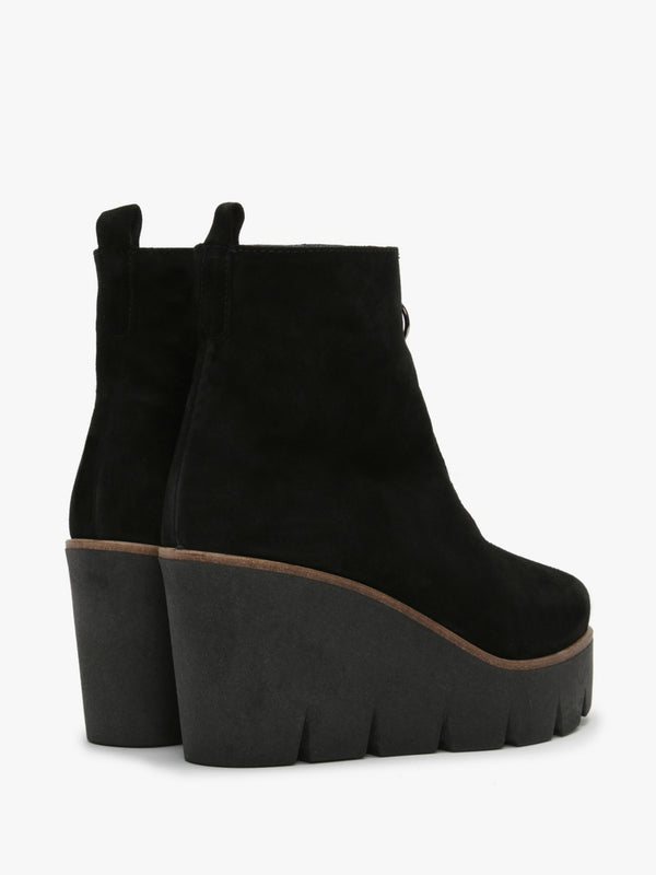 Hamal Black Suede Zip Front Wedge Ankle Boots