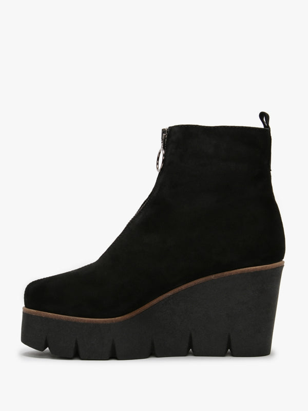 Hamal Black Suede Zip Front Wedge Ankle Boots