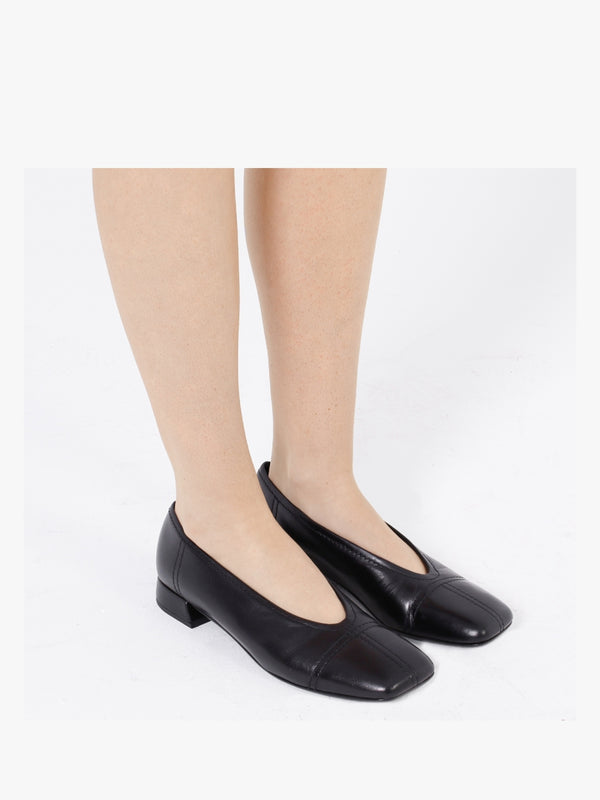 Angled Black Leather Square Toe Pumps