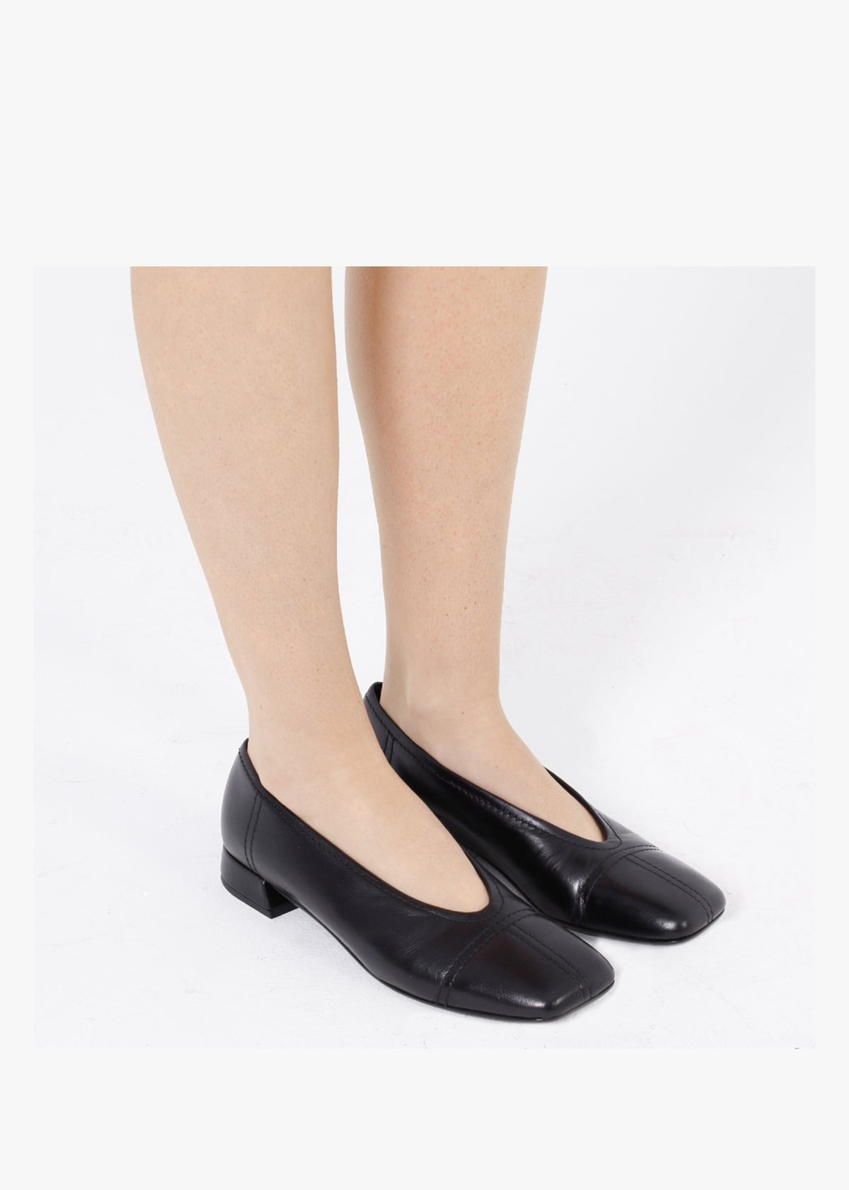 Angled Black Leather Square Toe Pumps