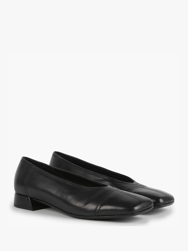 Angled Black Leather Square Toe Pumps