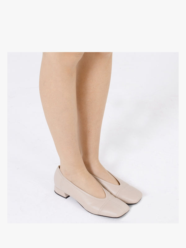 Angled Beige Leather Square Toe Pumps