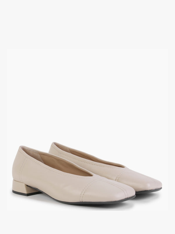 Angled Beige Leather Square Toe Pumps
