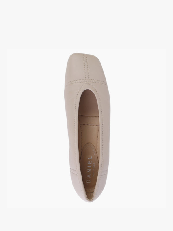 Angled Beige Leather Square Toe Pumps