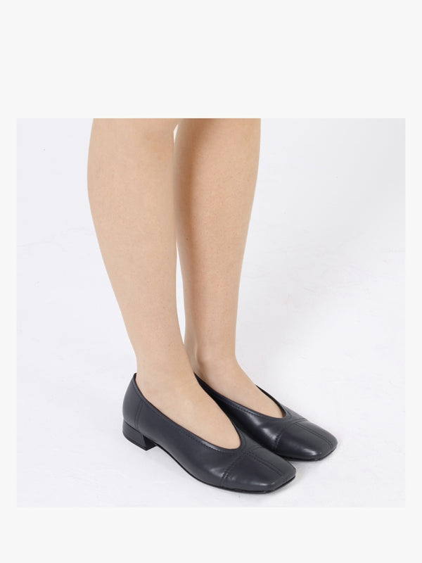 Angled Navy Leather Square Toe Pumps
