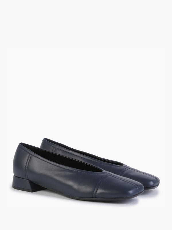 Angled Navy Leather Square Toe Pumps
