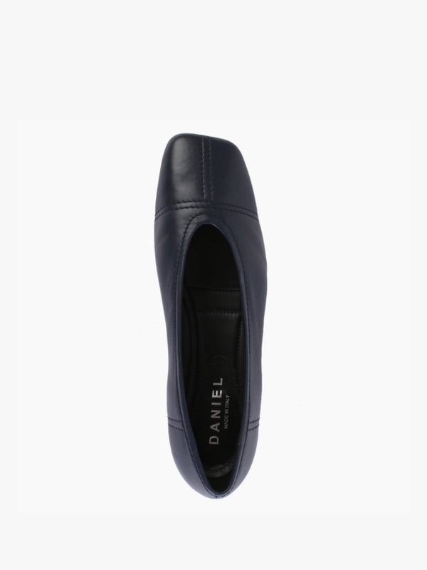 Angled Navy Leather Square Toe Pumps
