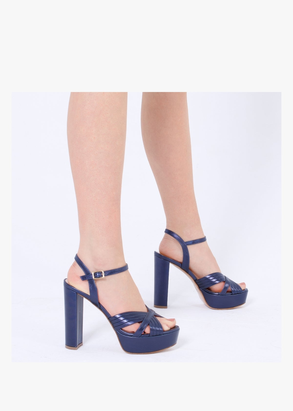 Avery Navy Leather Platform Heeled Sandals
