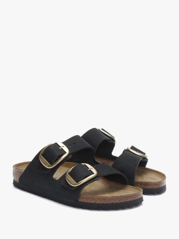 Arizona Big Buckle Black Nubuck Leather Two Bar Mules