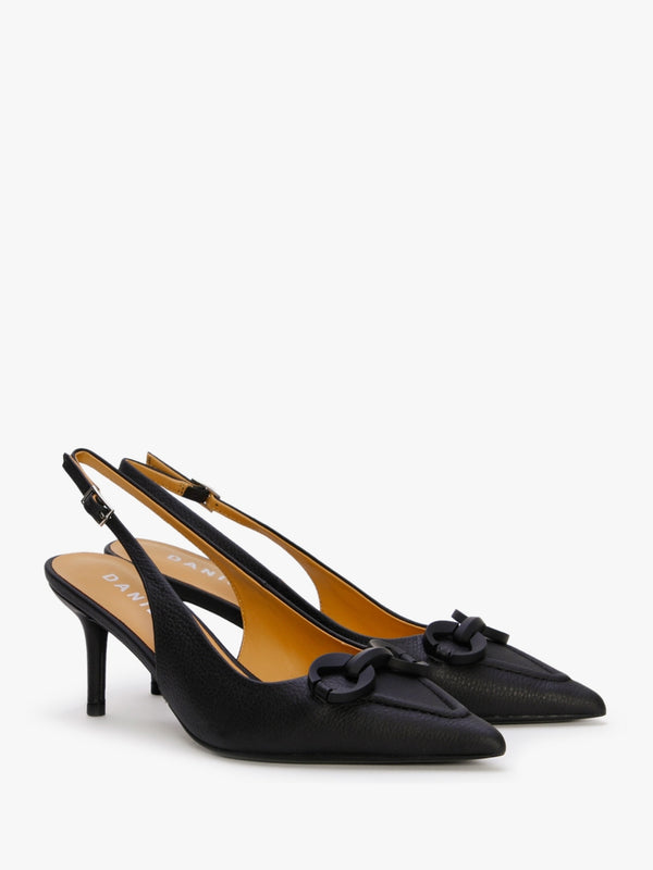 Eppie Black Leather Mid Heel Sling Back Shoes