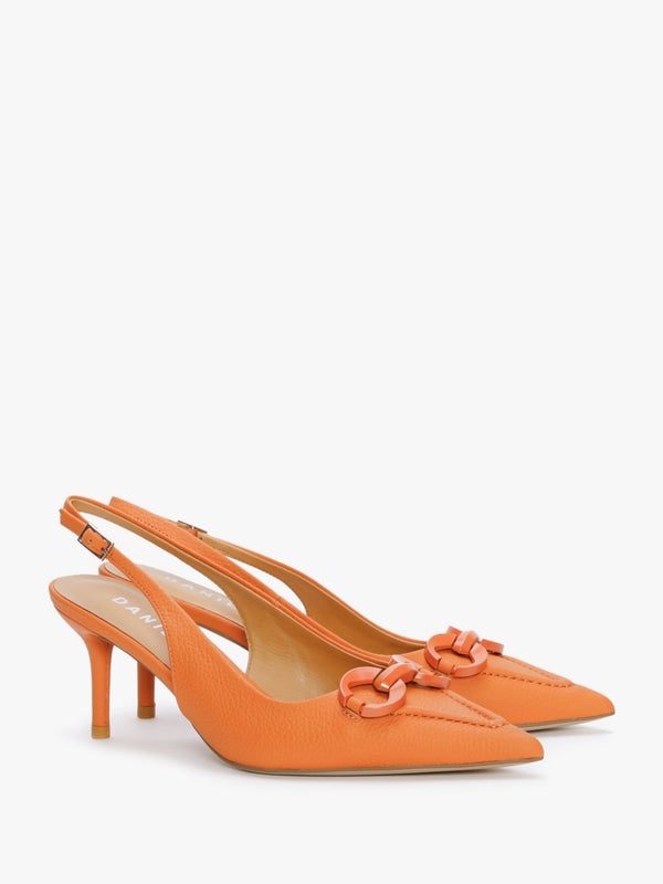 Eppie Orange Leather Mid Heel Sling Back Shoes