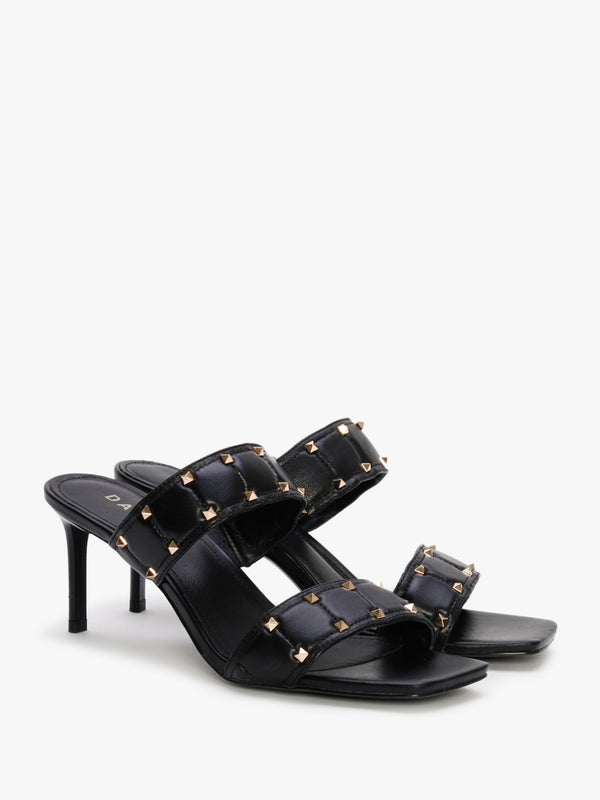 Equal Black Leather Two Bar Studded Heel Mules