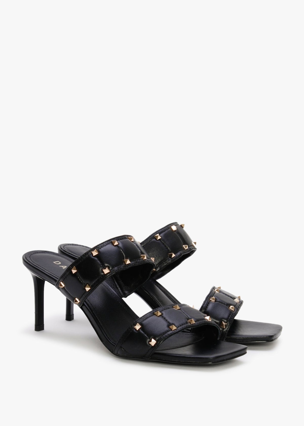 Equal Black Leather Two Bar Studded Heel Mules