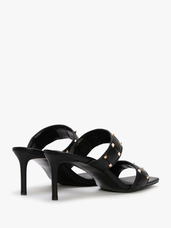Equal Black Leather Two Bar Studded Heel Mules
