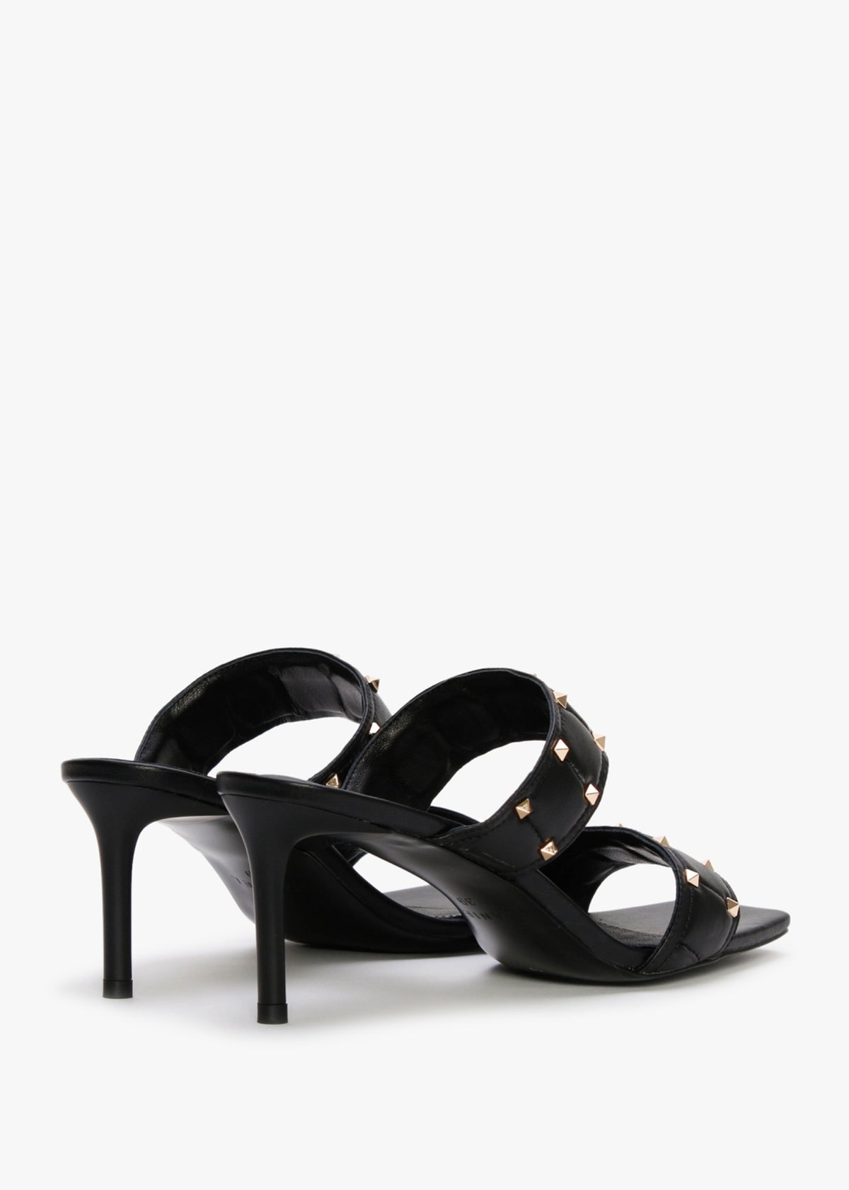 Equal Black Leather Two Bar Studded Heel Mules