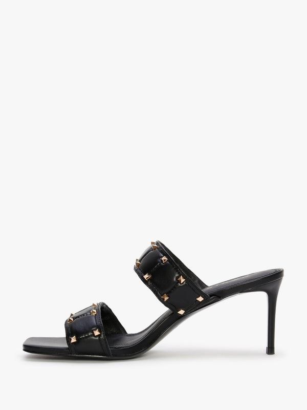Equal Black Leather Two Bar Studded Heel Mules