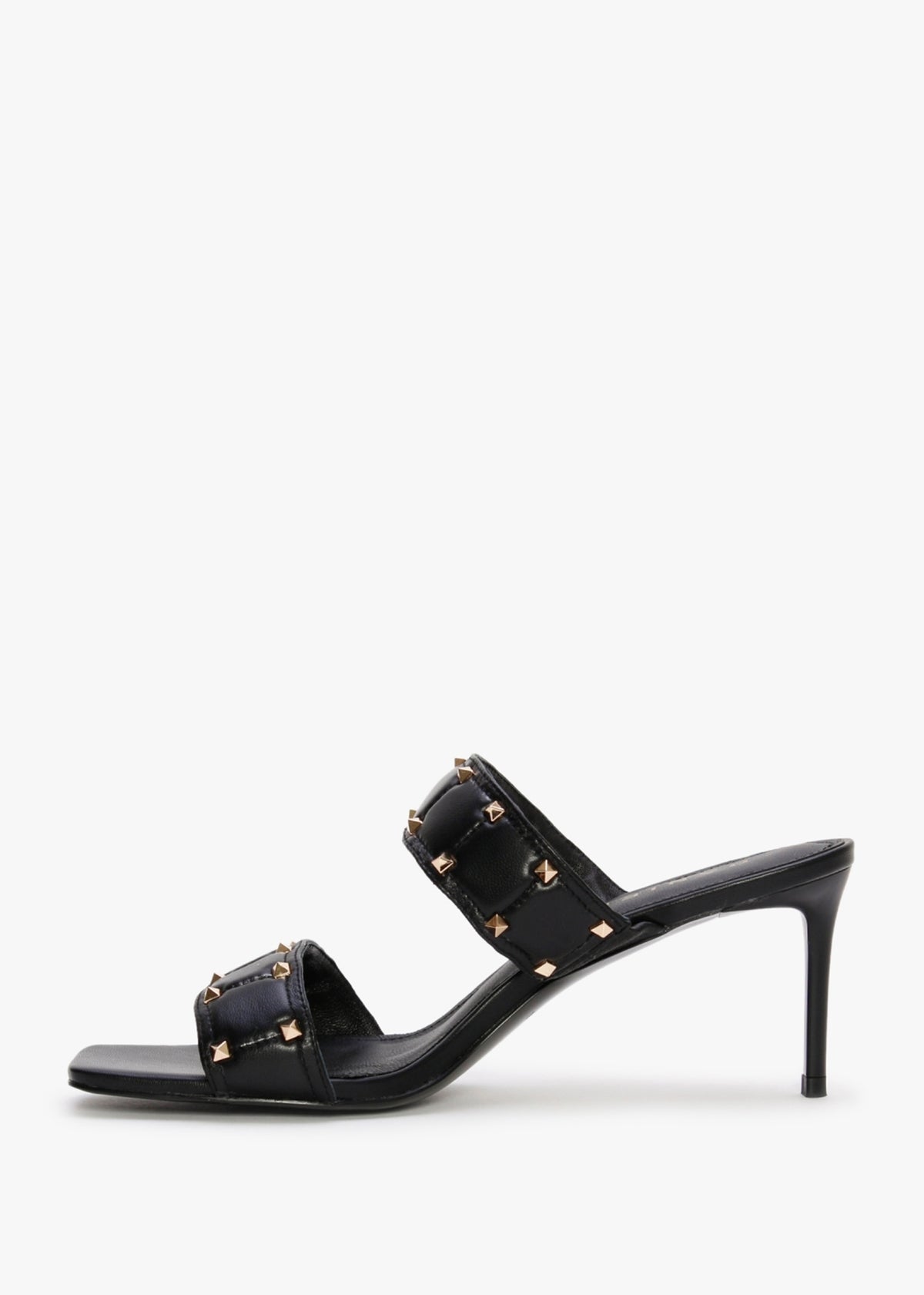Equal Black Leather Two Bar Studded Heel Mules