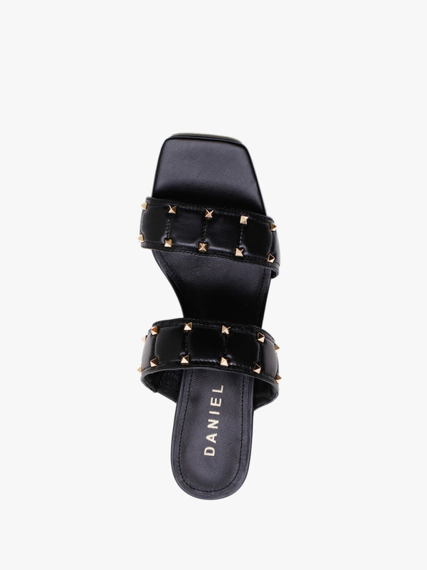 Equal Black Leather Two Bar Studded Heel Mules