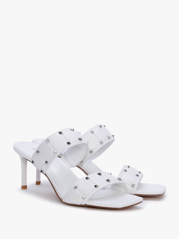 Equal White Leather Two Bar Studded Heel Mules