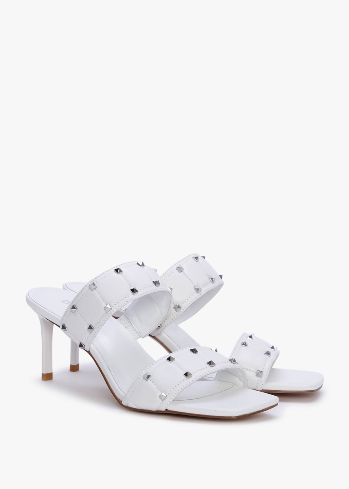 Equal White Leather Two Bar Studded Heel Mules