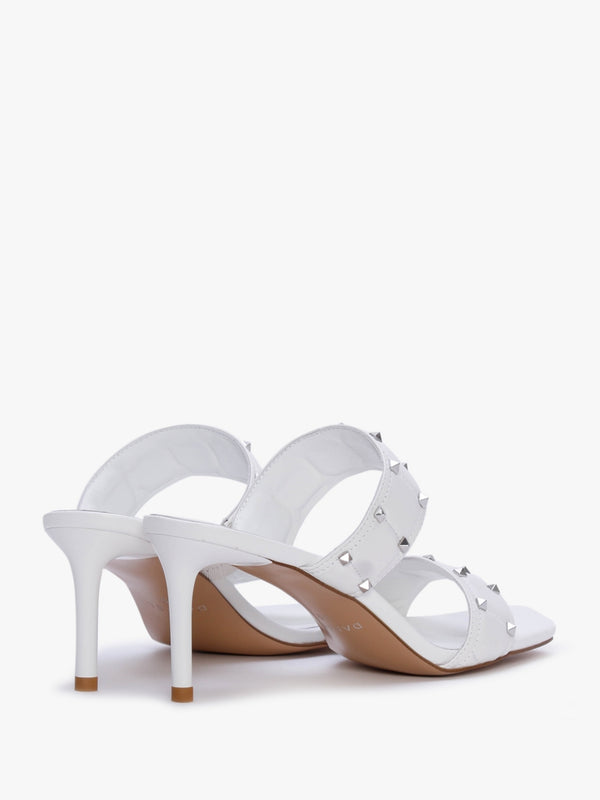 Equal White Leather Two Bar Studded Heel Mules