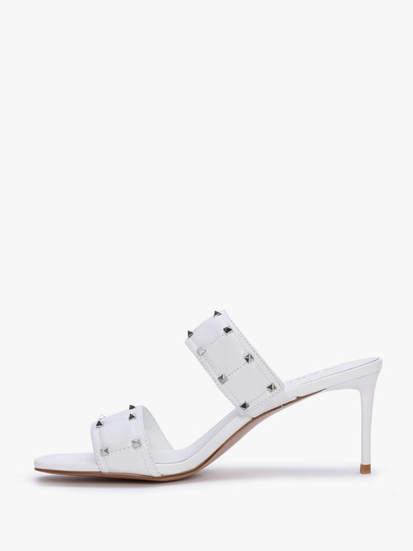 Equal White Leather Two Bar Studded Heel Mules
