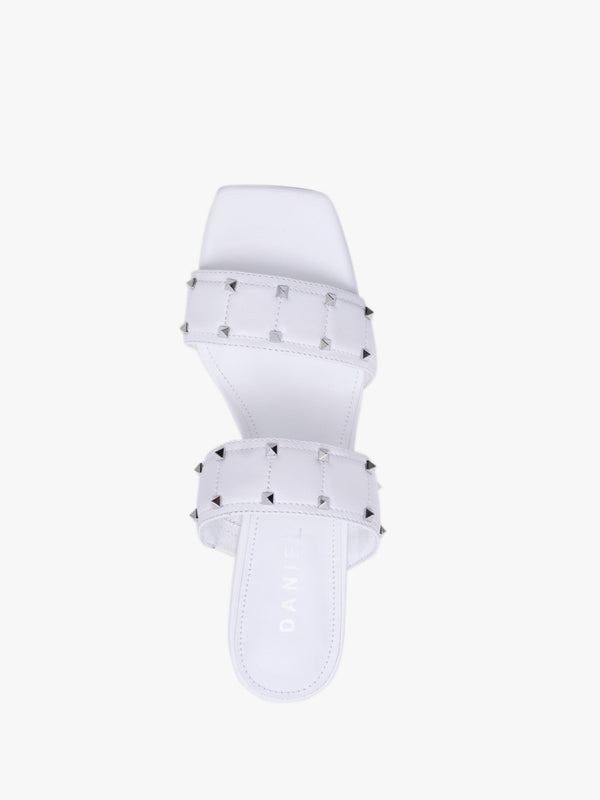 Equal White Leather Two Bar Studded Heel Mules