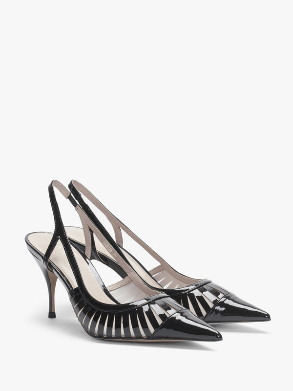 Sabrina Black Patent Leather Sling Back Heeled Shoes