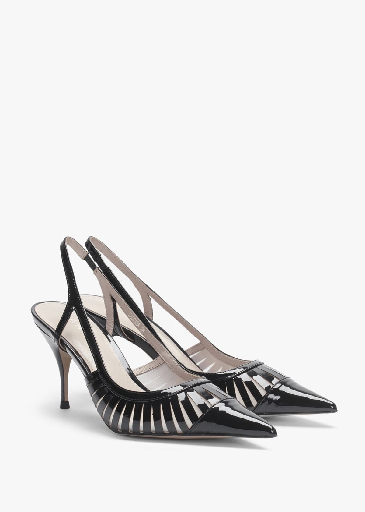 Sabrina Black Patent Leather Sling Back Heeled Shoes