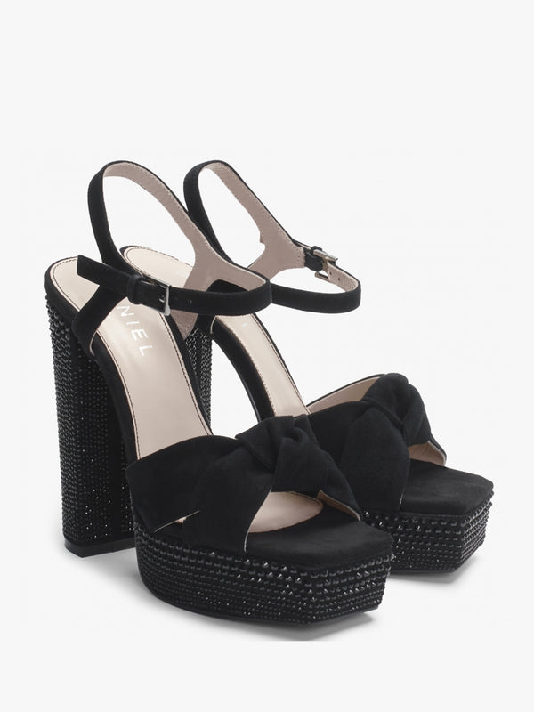 Shelby Black Suede Embellished Platform Heeled Sandals